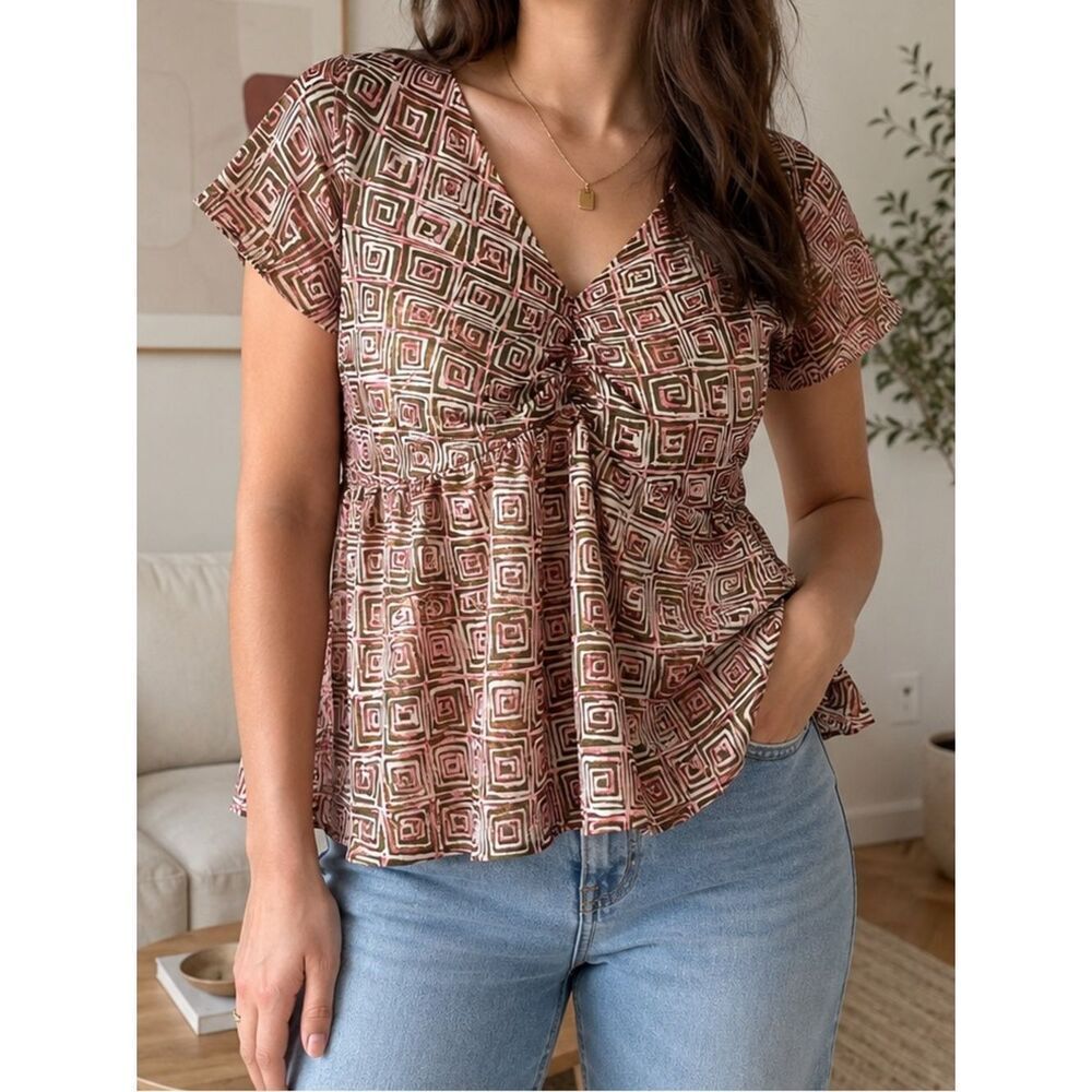 Y2K Style & Co Pink Tan Abstract Square Print Babydoll Blouse Sz 12 Fairycore
